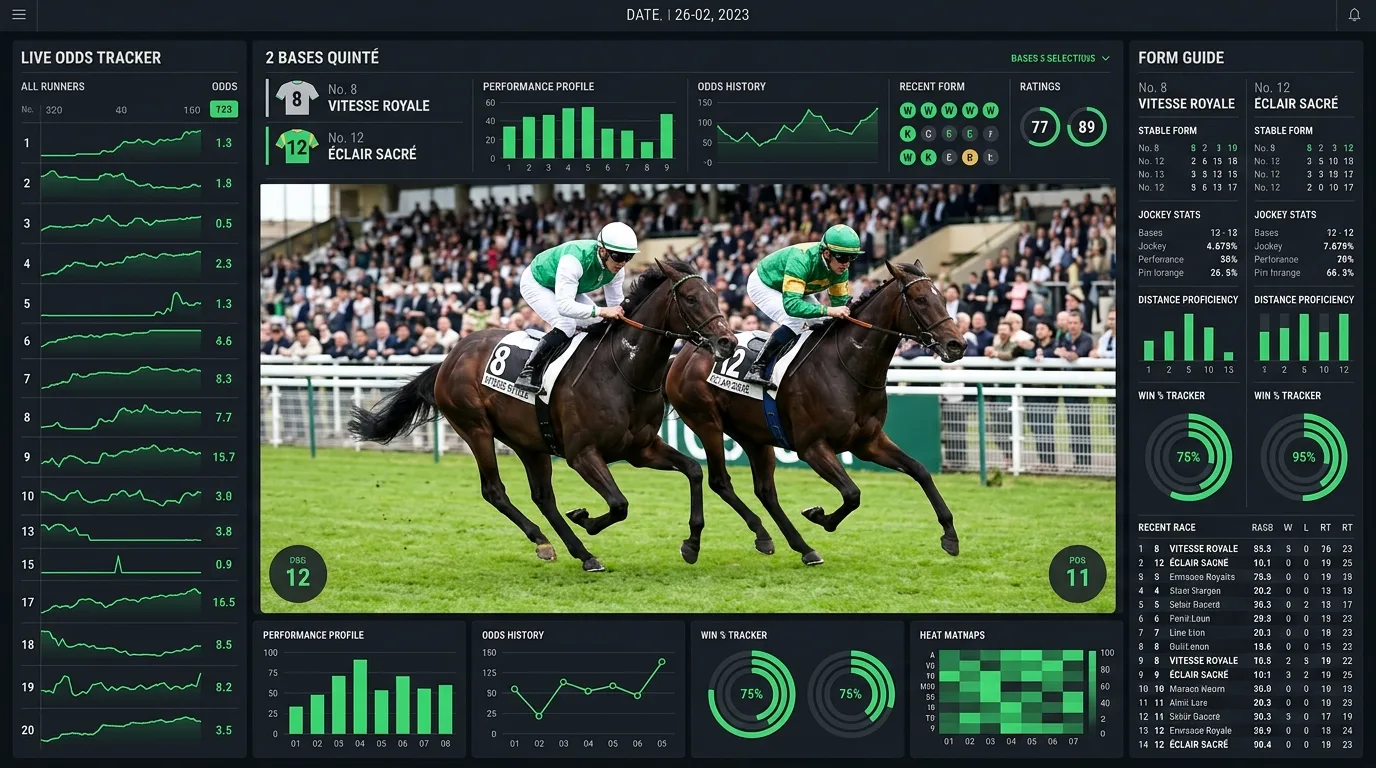 Deux chevaux de course au galop côte à côte sur une piste en herbe avec les tribunes en arrière-plan