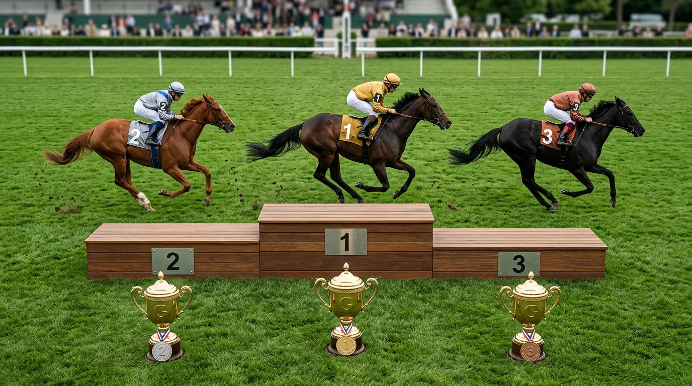 Trois chevaux de course au galop sur une piste en herbe avec les numéros de partants visibles sur les casaques des jockeys