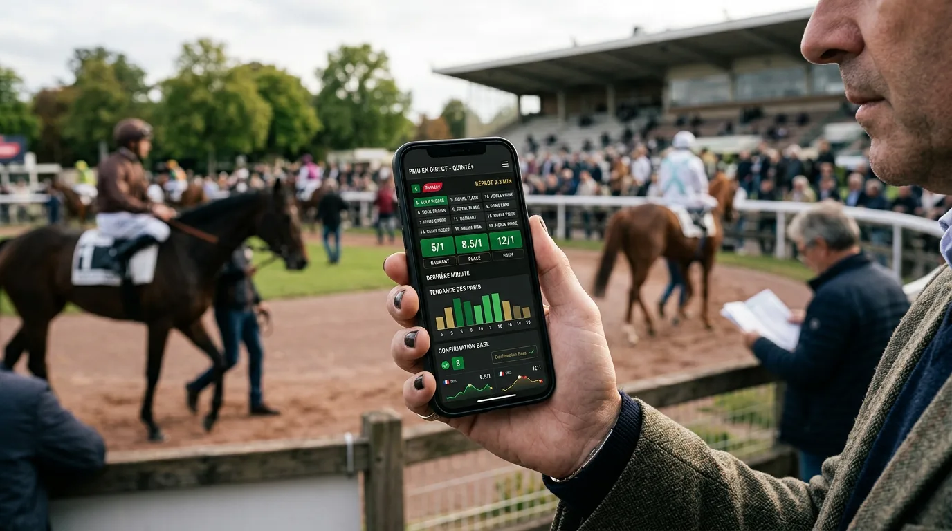 Écran de cotes PMU en direct sur un smartphone tenu par un parieur devant un paddock d'hippodrome quelques minutes avant le départ du Quinté