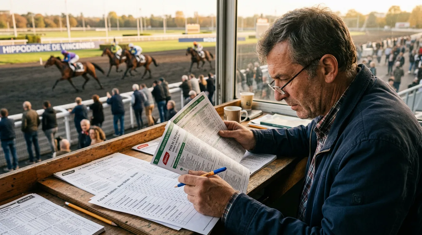 Turfiste analysant un programme de course Quinté+ avec des fiches de critères et un stylo sur un bureau