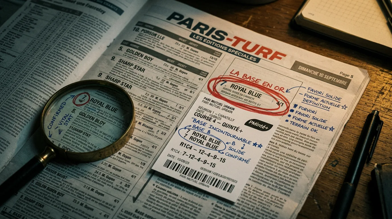 Ticket Quinté+ PMU posé sur un journal de pronostics hippiques avec un cheval entouré au feutre comme base de jeu