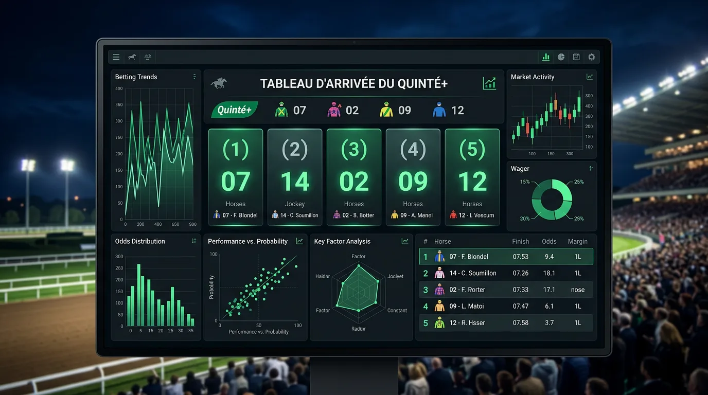 Tableau d'arrivée du Quinté+ affiché sur un écran d'hippodrome avec les numéros des cinq premiers chevaux